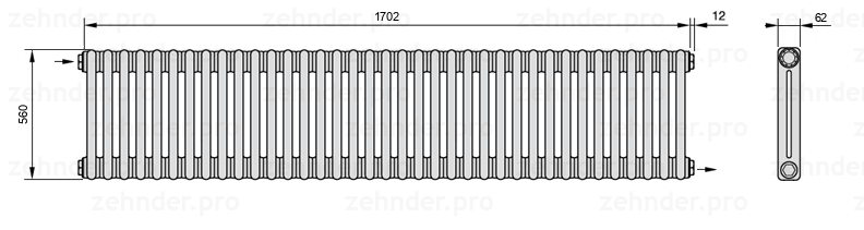 Схема (чертеж) Радиатор Zehnder Charleston 2056/37 №1670 Белый глянцевый RAL 9016